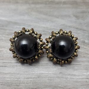 Vintage Black Cabochon Earrings in Ornate Antiqued Metal Setting